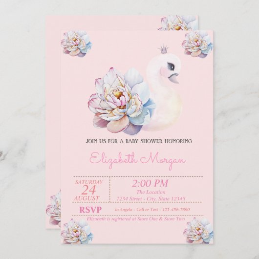 Kleine Prinzessin, Schwan, Blume Pink Babydusche Einladung (Vorne/Hinten)