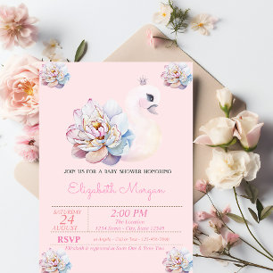 Kleine Prinzessin, Schwan, Rosa Blumen Babyparty Einladung