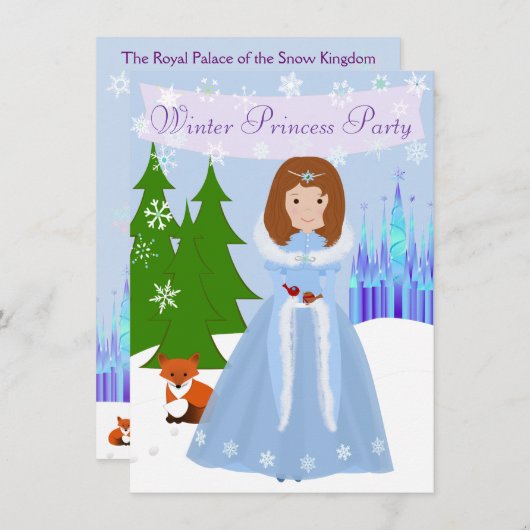 Kleine Prinzessin Winter Party Braun Haar Einladung (Vorne/Hinten)