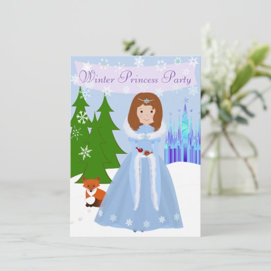 Kleine Prinzessin Winter Party Braun Haar Einladung (Stehend Vorderseite)