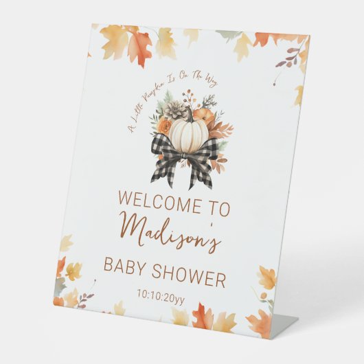 Kleine Pumpkin Baby Dusche Blumen & Kariert Willko Sockelschild (Vorderseite)