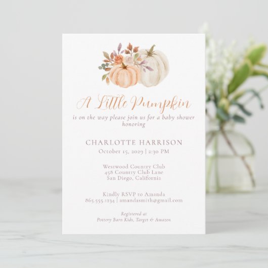 Kleine Pumpkin Fall Wasserfarbe Blumendusche Einladung (Stehend Vorderseite)