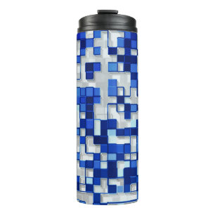 Kleine Quadrate durcheinander, blaue Farbtöne mit  Thermosbecher