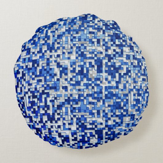 Kleine Quadrate überlagert, blaue Farbtöne mit Wei Rundes Kissen (Rückseite)