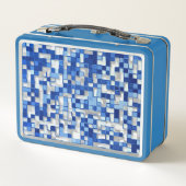 Kleine Quadrate verstreut, blaue Farbtöne mit Weiß Metall Brotdose (Rückseite)