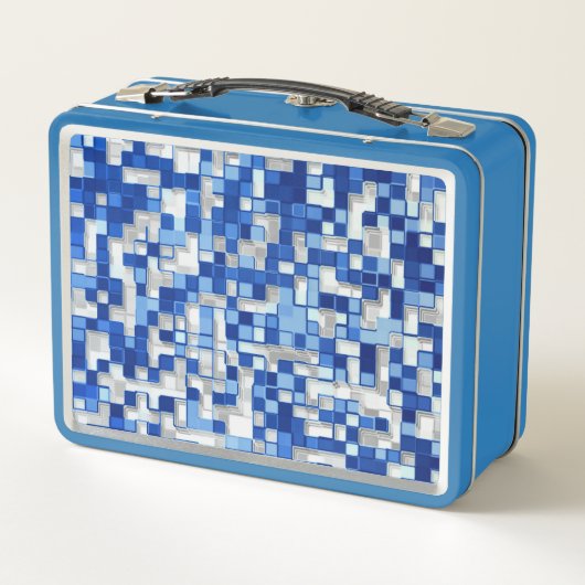 Kleine Quadrate verstreut, blaue Farbtöne mit Weiß Metall Brotdose (Rückseite)