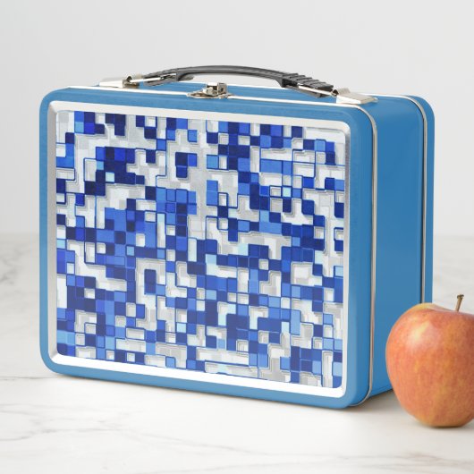 Kleine Quadrate verstreut, blaue Farbtöne mit Weiß Metall Brotdose (Beispiel)