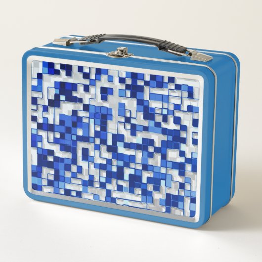 Kleine Quadrate verstreut, blaue Farbtöne mit Weiß Metall Brotdose (Vorderseite)