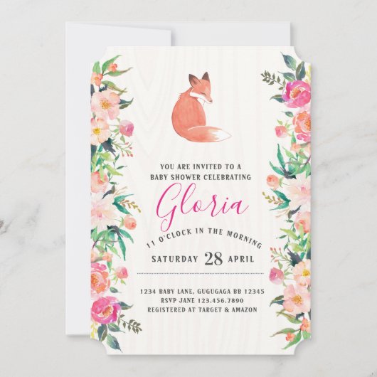 Kleine Red Fox Floral Baby Dusche Einladung (Vorderseite)