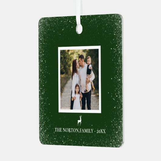 Kleine Rentier Einfache Schneeflocken Foto grün Ornament Aus Metall (Vorderseite links)