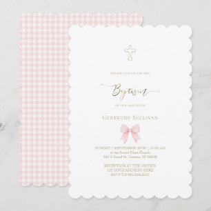 kleine rosa Gingham-Schleife Taufe Einladung