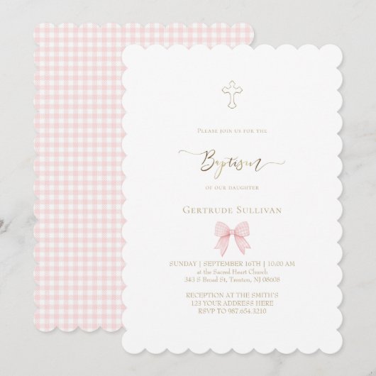kleine rosa Gingham-Schleife | Taufe Einladung (Vorne/Hinten)