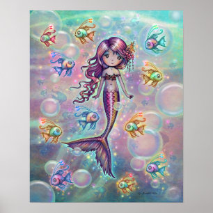 Kleine rosa Meerjungfrau mit Fisch und Bläschen Fa Poster