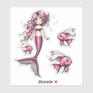 Kleine rosa Meerjungfrau und Fisch Illustration Aufkleber