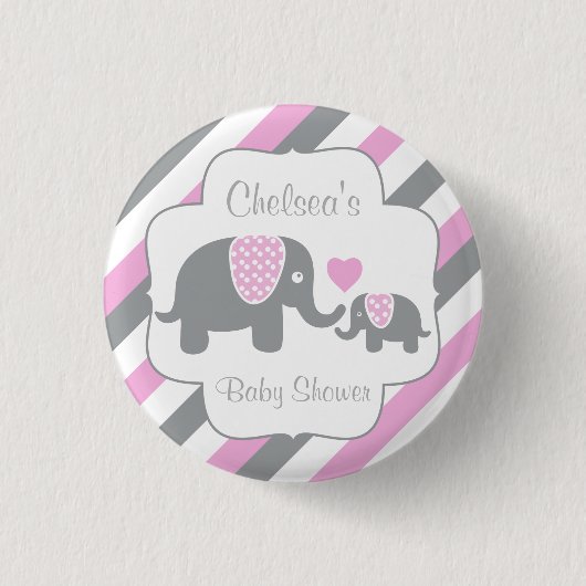 Kleine, rosa und graue Streifen Elefanten Babydusc Button (Vorderseite)