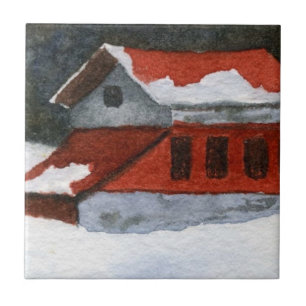 Kleine, rot gestreifte Winterstall mit Schnee Fliese