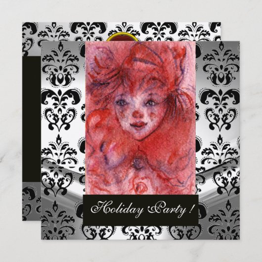 KLEINE ROTE KLEINE, Schwarz-weißer Damast Silberme Einladung (Vorne/Hinten)