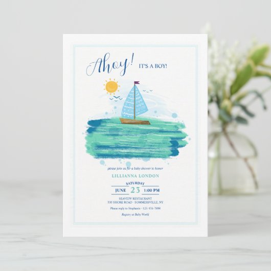 Kleine Sailboat Babydusche Einladung (Stehend Vorderseite)