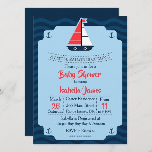 Kleine Sailor Babydusche Einladung (Vorne/Hinten)