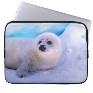 Kleine Sattelrobbenjunge bedeckt mit Schneeflocken Laptopschutzhülle