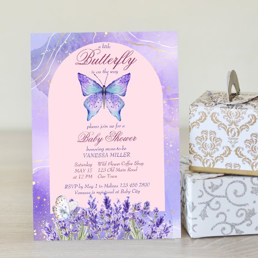 Kleine Schmetterling lila Lavendel Babydusche Einladung