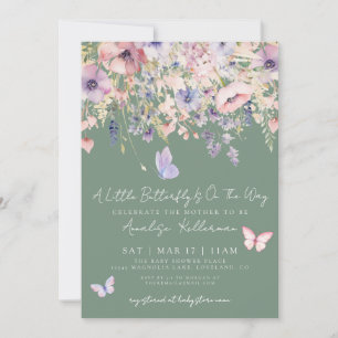 Kleine Schmetterling Wildblume Grün Babyparty Einladung
