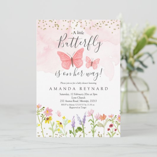 Kleine Schmetterlingsmädagogik mit Baby-Dusche Einladung (Stehend Vorderseite)