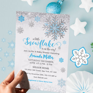 Kleine Schneeflocke Blau Silber Glitzernde Babypar Einladung