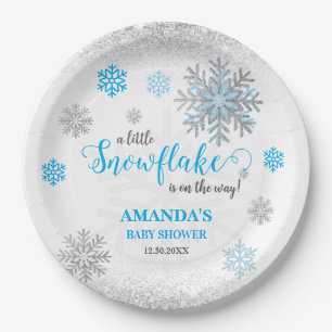 Kleine Schneeflocke Blau Silber Glitzernde Babypar Pappteller