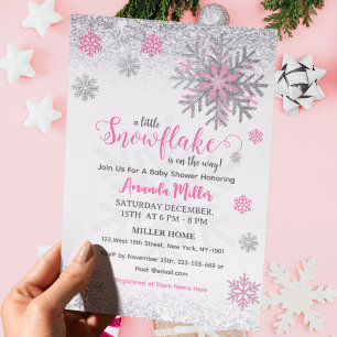 Kleine Schneeflocke Rosa Silber Glitzernde Babypar Einladung