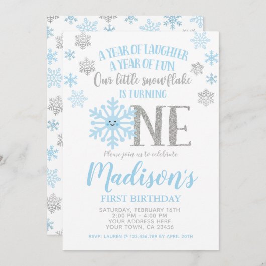 Kleine Schneeflocke, Winter ONEderland Erster Gebu Einladung (Vorne/Hinten)