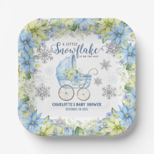 Kleine Schneeflocke Winterflor Blau Baby Shower Pappteller