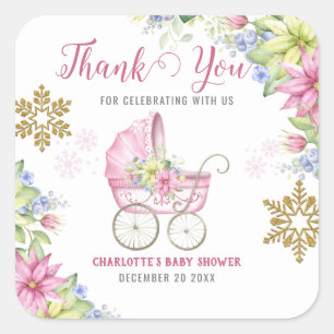 Kleine Schneeflocke Winterflorales Rosa Babyparty Quadratischer Aufkleber