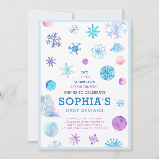 Kleine Schneeflocken Elegant Twins Baby Dusche Einladung (Vorderseite)