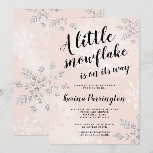 Kleine Schneeflocken silberfarbene Kinderdusche Einladung (Vorne/Hinten)