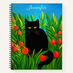 Kleine schwarze Katze im Tulip Garden Journal Notizblock