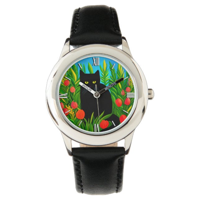 Kleine schwarze Katze in einem Tulip-Garten Armbanduhr (Vorderseite)