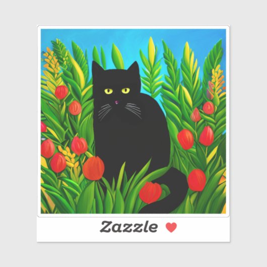 Kleine schwarze Katze in einem Tulip-Garten Aufkleber (Blatt)