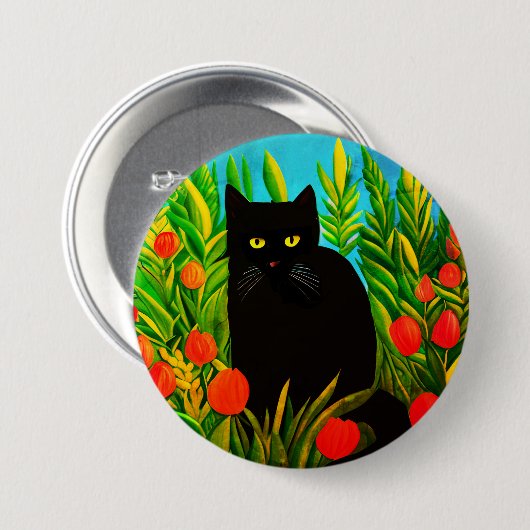 Kleine schwarze Katze in einem Tulip-Garten Button (Vorne & Hinten)