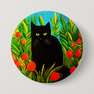 Kleine schwarze Katze in einem Tulip-Garten Button