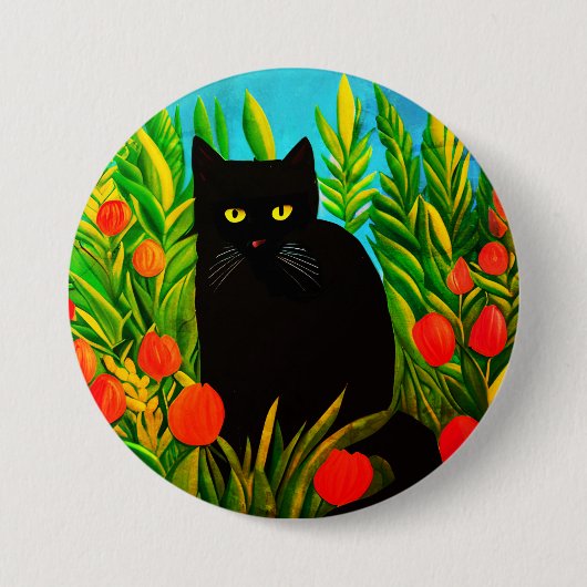 Kleine schwarze Katze in einem Tulip-Garten Button (Vorderseite)