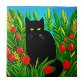 Kleine schwarze Katze in einem Tulip-Garten Fliese (Vorderseite)