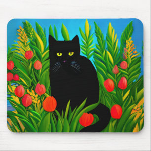 Kleine schwarze Katze in einem Tulip-Garten Mousepad