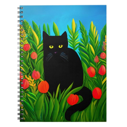 Kleine schwarze Katze in einem Tulip-Garten Notizblock (Vorderseite)