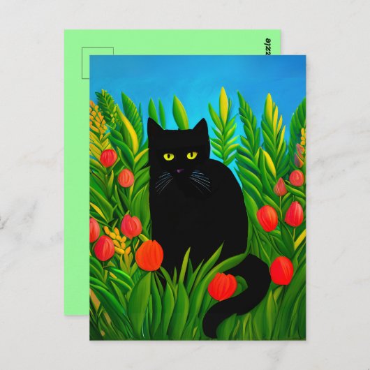 Kleine schwarze Katze in einem Tulip-Garten Postkarte (Vorne/Hinten)