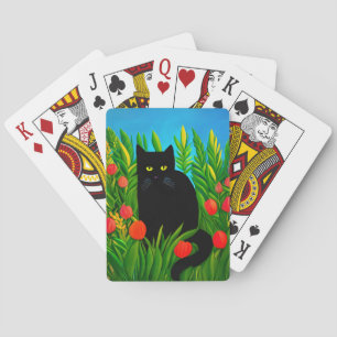 Kleine schwarze Katze in einem Tulip-Garten Spielkarten