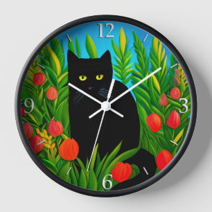 Kleine schwarze Katze in einem Tulip-Garten Uhr