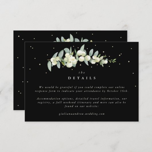 Kleine schwarze Snowberry+Eukalyptus Hochzeitdetai Begleitkarte (Vorne/Hinten)