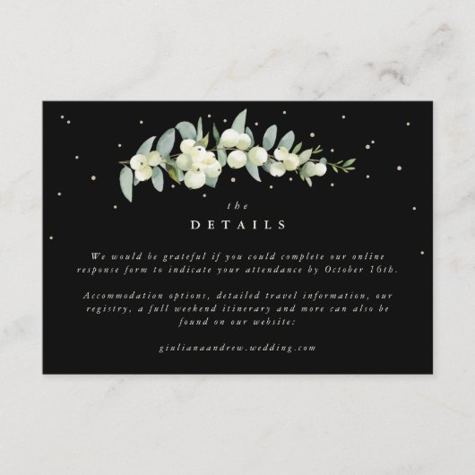Kleine schwarze Snowberry+Eukalyptus Hochzeitdetai Begleitkarte (Vorderseite)