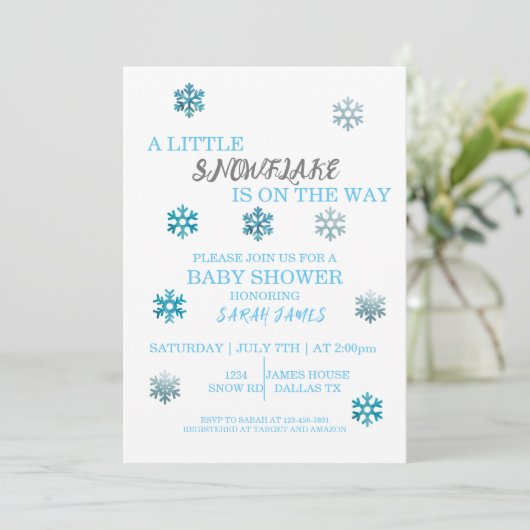 Kleine Snowflake Babydusche Einladung (Stehend Vorderseite)
